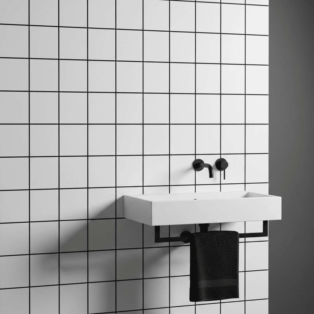 черная затирка на белой плитке в ванной