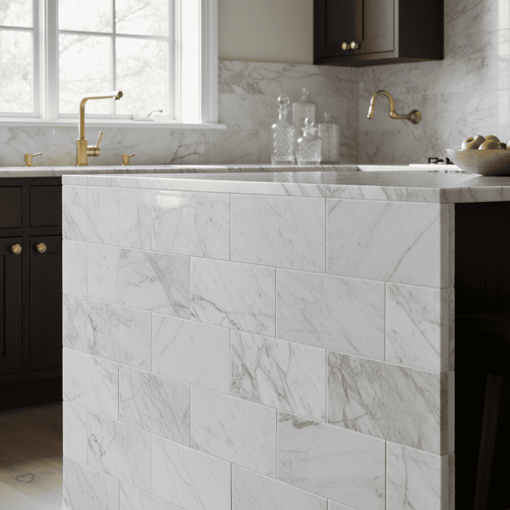 плитка мрамор с серой затиркой на кухне