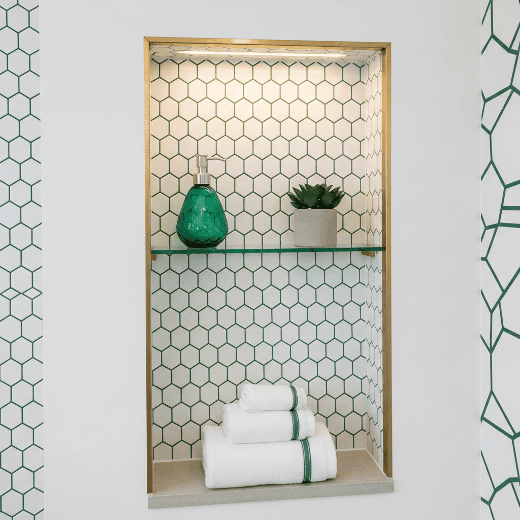 белая плитка с зеленой затиркой