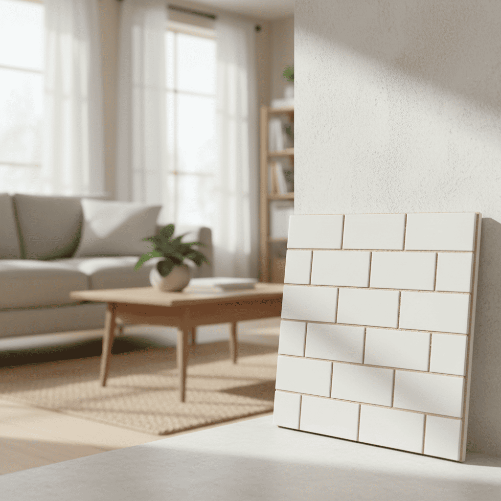 фото образец белой плитки затертой бежевой затиркой